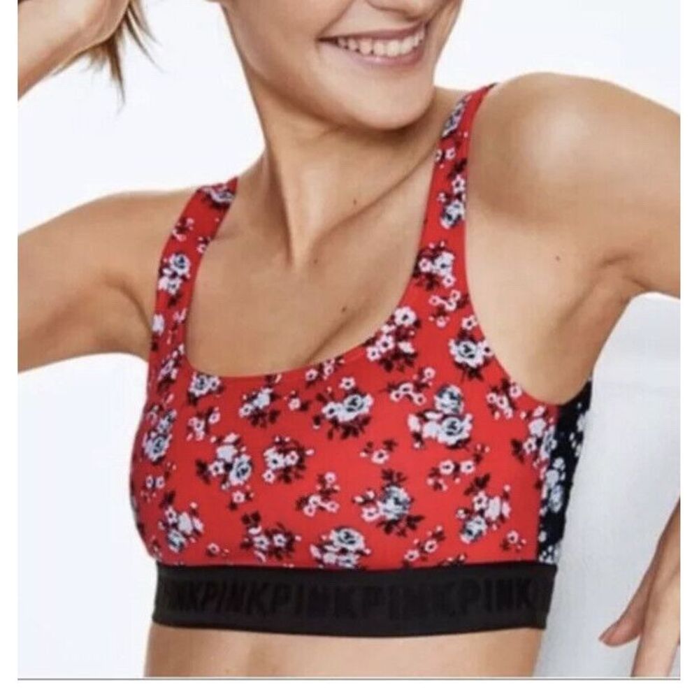 NWT PINK Victorias Secret Red Black Ditsy Floral Ultimate Sport Bra Size SMALL